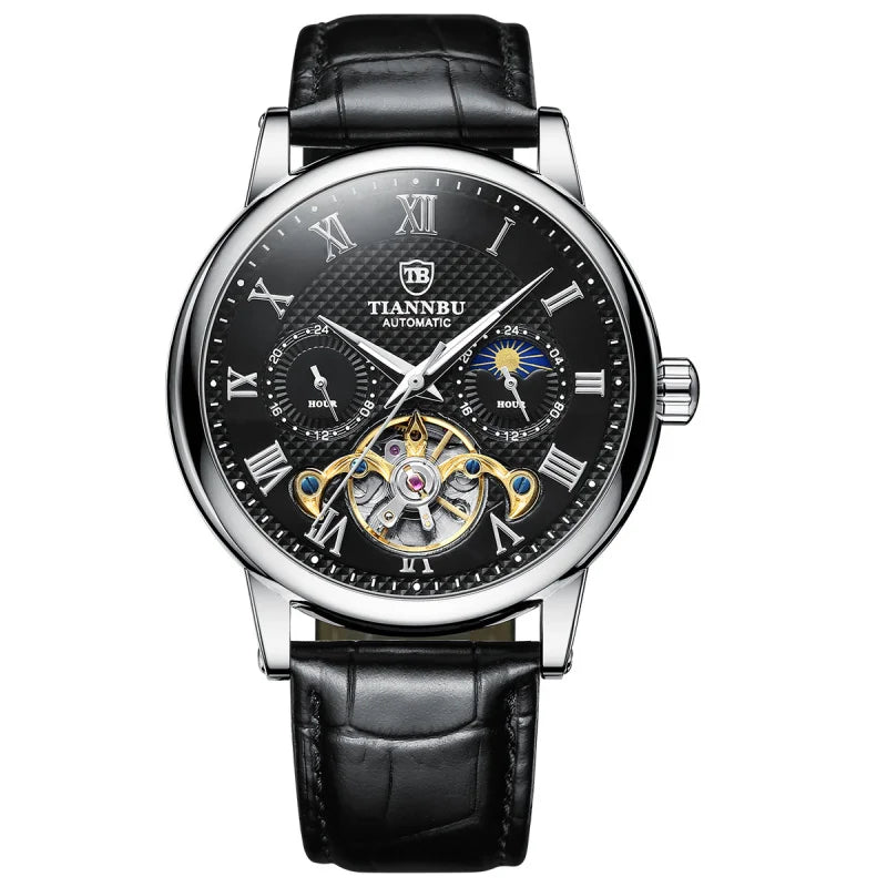 Automatic Mechanical Men's Watch with Luminous Hand Leather Band Waterproof Fashion and Sporty Style Sun Pattern High Quality