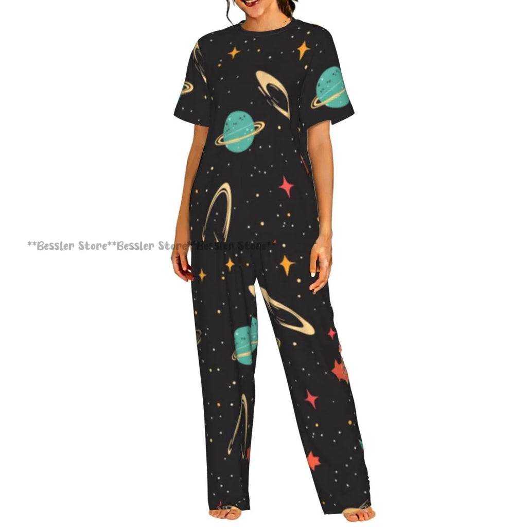 Women's Whales And Constellation Stars Watercolor short sleeve trousers casual pajamas set