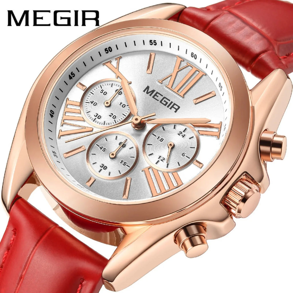 MEGIR New Luxury Leather Watch Women Female Top Brand Chronograph Quartz Wristwatch Lady Relogios Femininos Clock 2114 White