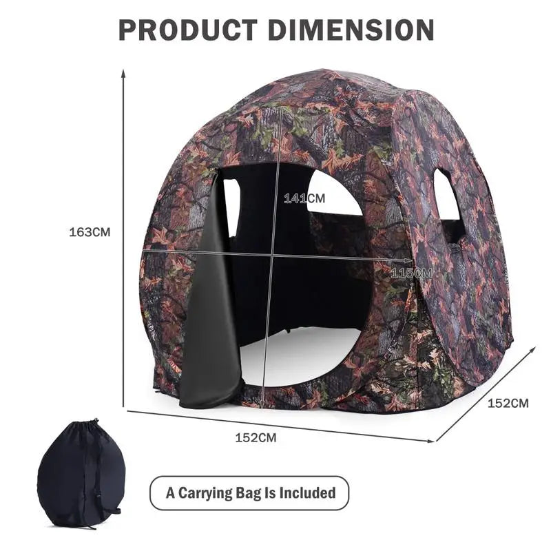 3 Person Pop Up Hunting Tent, PU Oxford Fabric, Steel Frame, 270 Degree View Window, Concealed Outdoor Observation, Carry Bag, Camouflage, 152x152x163 Cm