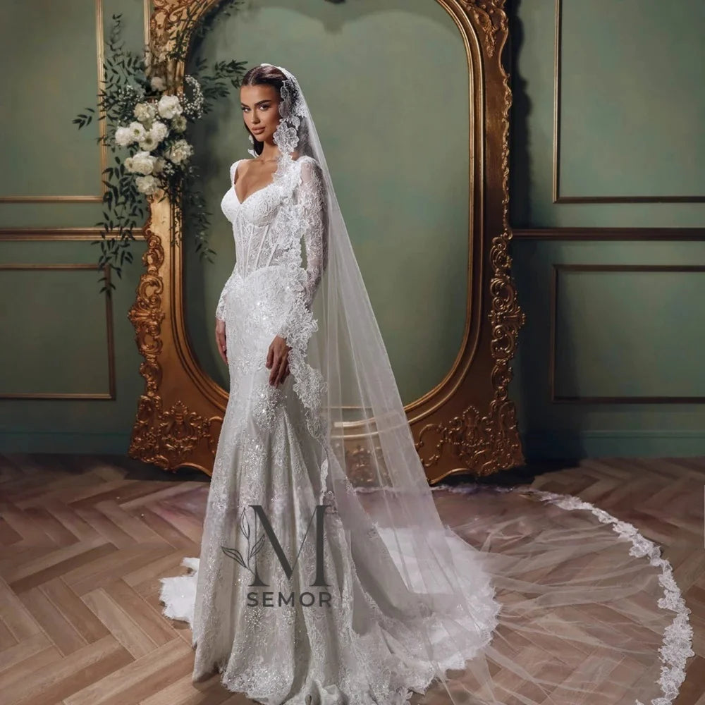 Semor Customized Mermaid Lace Wedding Dresses Illusion Long Sleeves Pearls Beaded Bridal Dress with Court Train Saudi Arabia