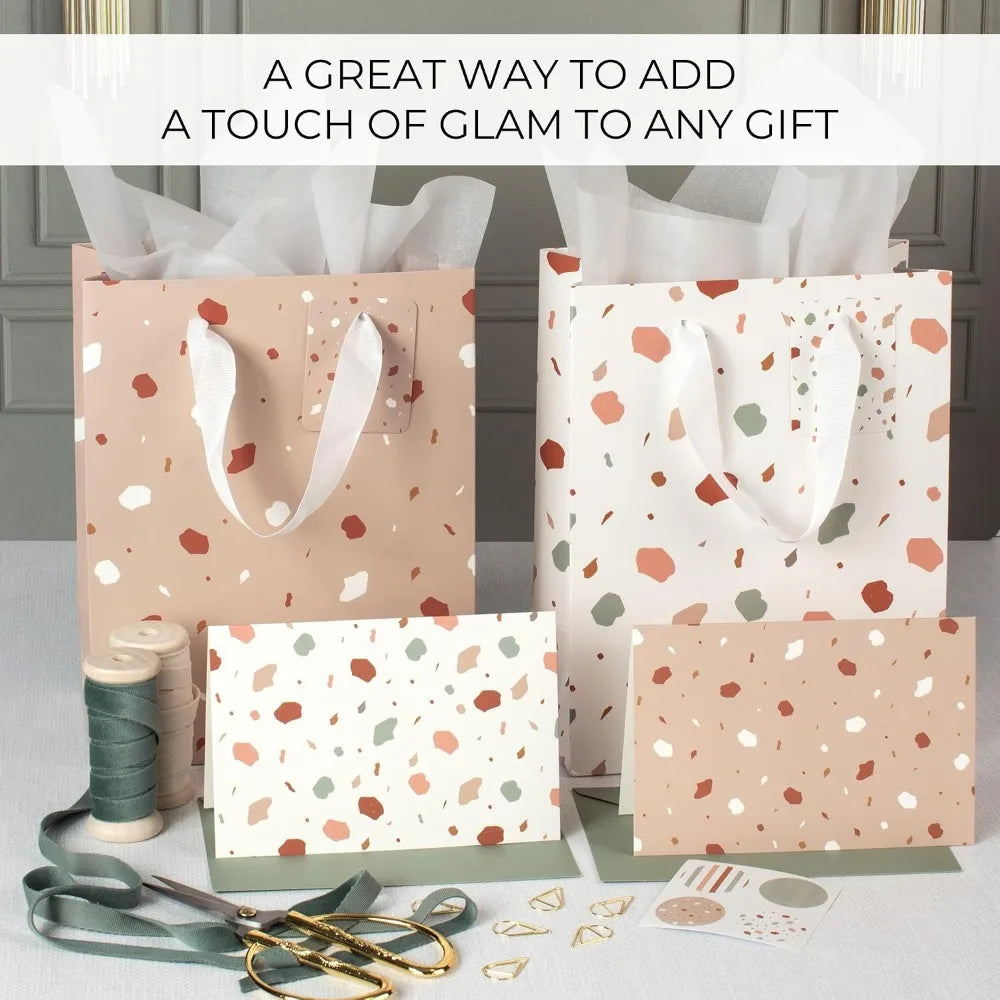 Set of 4 Medium Reusable Gift Bags with Handles Includes Matching Tissue Paper Cards Stickers for Birthday Wedding Mothers Day Presents Party Occasions