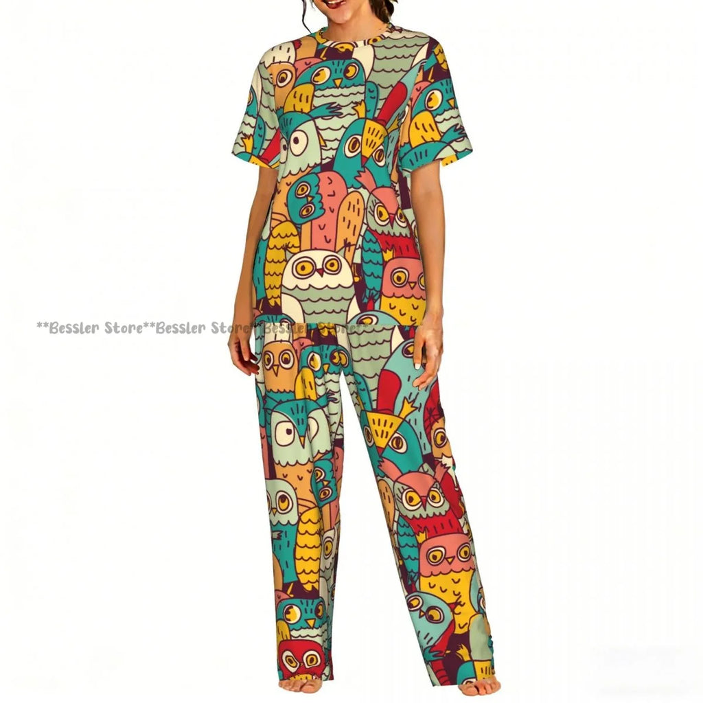 Women's 2-piece set Halloween Owls Bats Pattern Pajamas Short sleeved Top and Pants Sleepwear