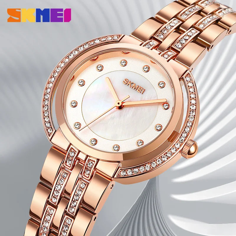 Womens Bracelet Quartz Watches Luxury Rhinestone Dial Zinc Alloy Band Analog Display 3 Bar Waterproof Fashion Wristwatch