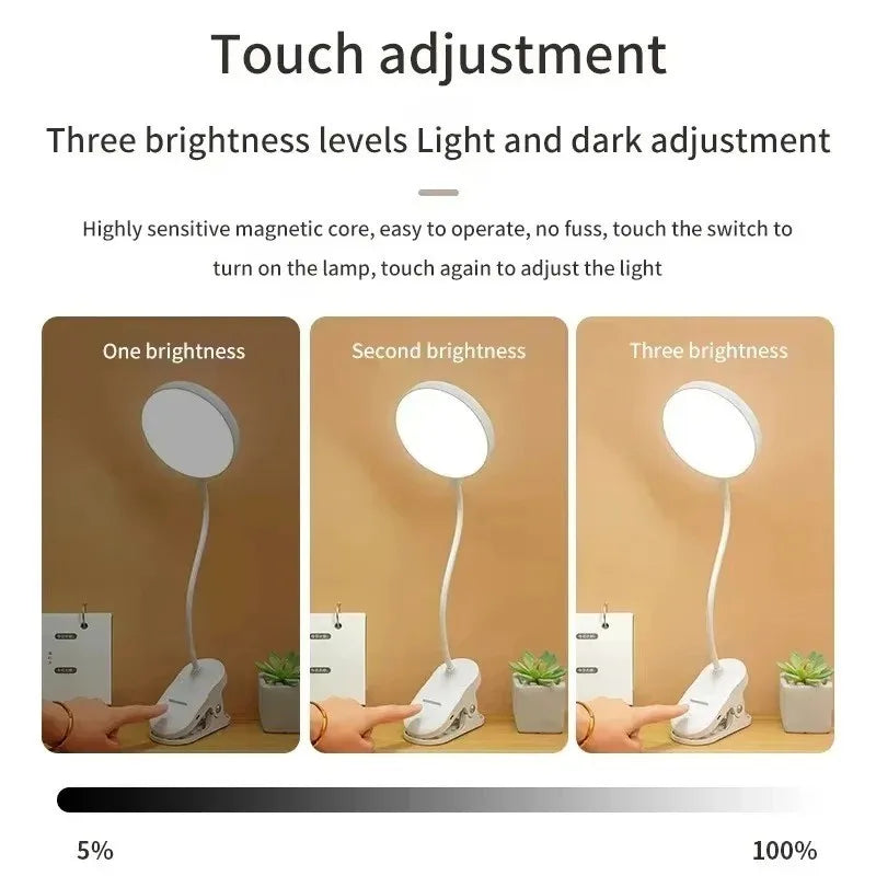 Portable USB Rechargeable Clip On Desk Lamp 3 Color Temperatures Dimmable LED Reading Light for Bedroom Study Office Travel