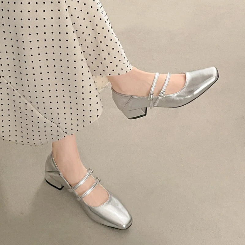 Square Toe Low Heel Women Silvery Mary Jane Shoes Fashion Elegant Belt Buckle Shoes Ladies Comfort Street Style Leather Shoes