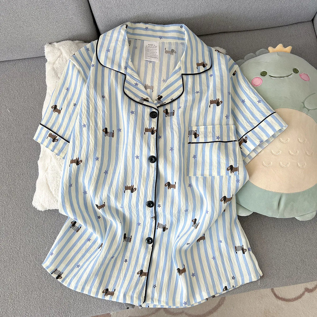 Women's Summer Pajamas, Thin Striped Puppy Pattern Short-Sleeved Shorts, Sweet and Cute, Can Be Worn Outside in Summer Home Wear