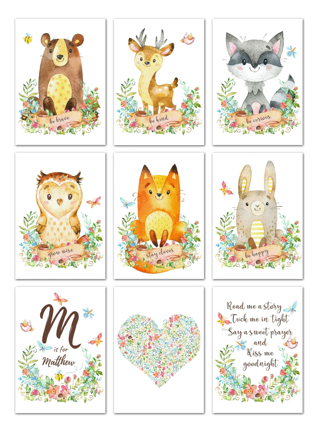 Poster Kinderzimmer Tiere Eule Bär Reh · Name Personalisiert · Kinderzimmer Bilder · Wand Deko · Kunst Druck · Deko Print · ohne Rahmen