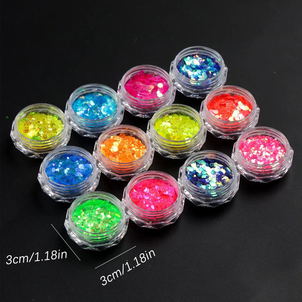 12 Grids Fluorescent Glitter Nail Art Sequins Sparkly Irregular Nail Flakes Powder Nail Art Mermaid Makeup Manicure Decorations