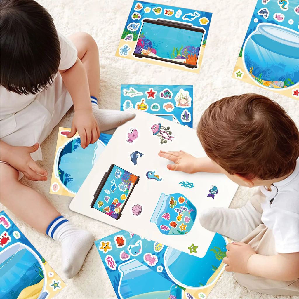 8/16Sheets Creative Fish Tank Cartoon Puzzle Stickers Kids Make Your Own DIY Game Children Jigsaw Sticker Toys Party Gifts