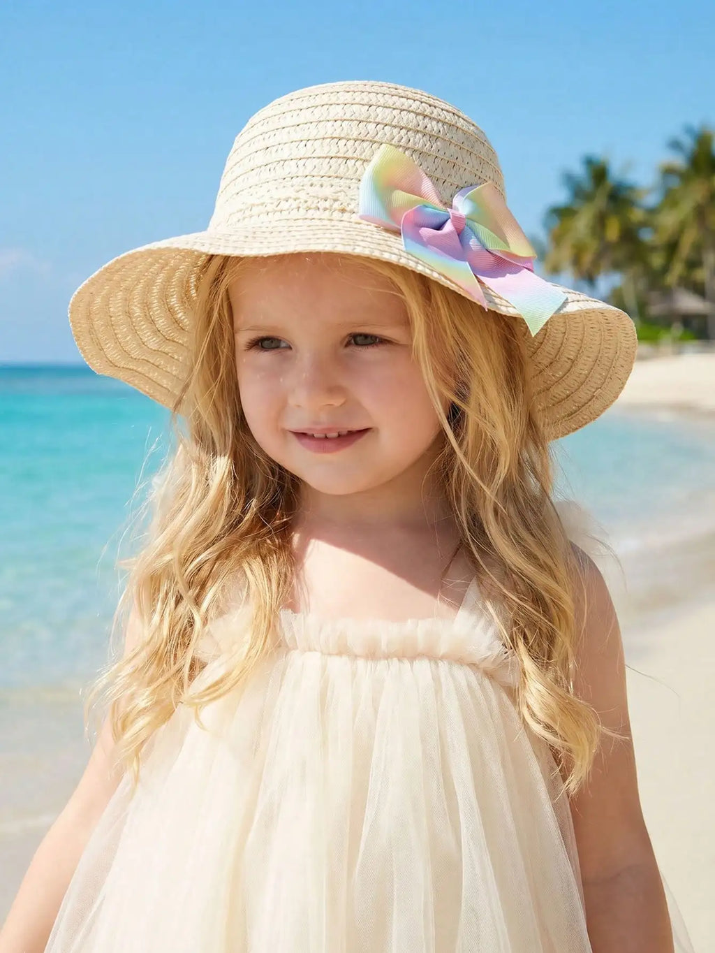1Pc 1-5Y Girls Beige Straw Hat With Colorful Bow Light Breathable Sun Hat For Beach Outdoor Sports Holiday Daily Wear