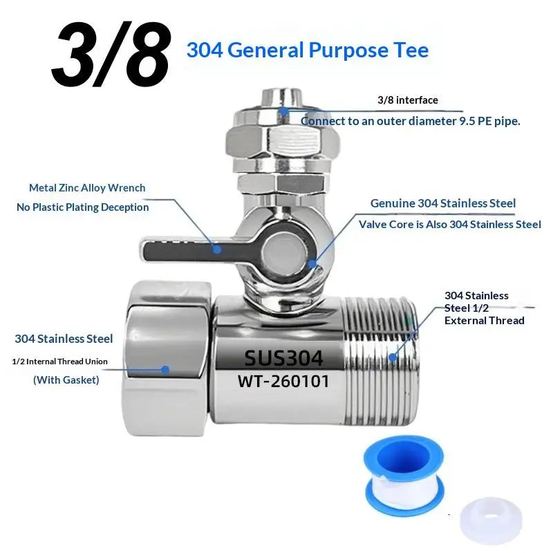 【HT】【HT】1 Set Tap Tee B Cold Hot Water Pipes Home Accessories 1/2" To 1/4"3/8" With Shut-Off Ball Valve RO Feed Water Adapter