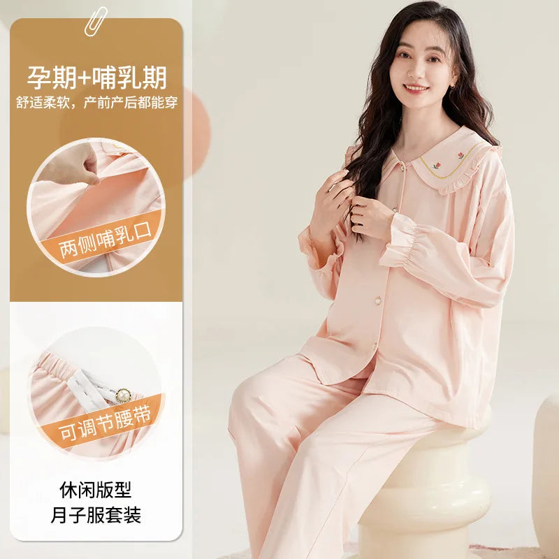 Maternity Women Pajamas Set Pregnant Pure Cotton Breastfeeding Loungewear Sweet Long Sleeve Trousers Cardigan 2 Piece Set Pjs