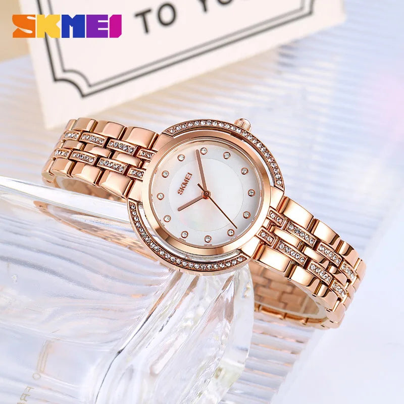 Womens Bracelet Quartz Watches Luxury Rhinestone Dial Zinc Alloy Band Analog Display 3 Bar Waterproof Fashion Wristwatch