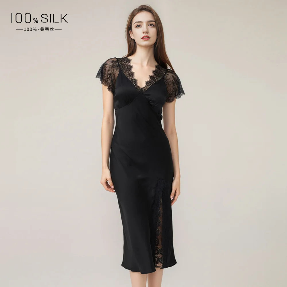 Women Sexy Lace Silk Nightdress 19 Momme Mulberry Silk Slit Design With Chest Pad Sleepwear Outdoor Dress