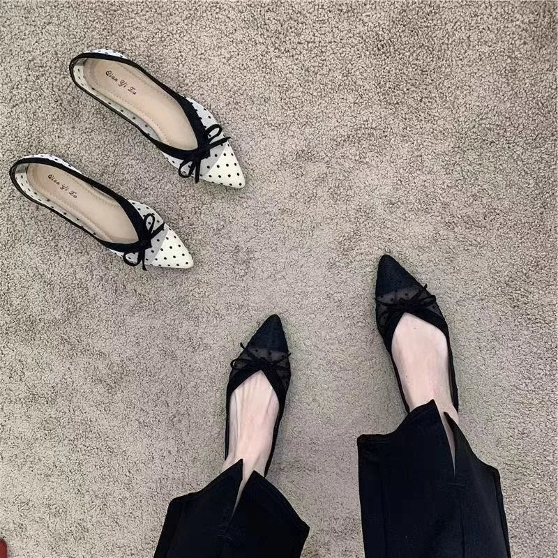 2026 Summer New Polka Dot Single Shoe Air Mesh Pointed Toe Butterfly Knot Soft Bottom Shallow Mouth Flat Heels Casual Women Shoe