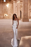 Simple Ivory Satin Mermaid Wedding Dresses lady Customized Strapless Bridal Dress with Train Long Sleeveless Vestido Bride Gown