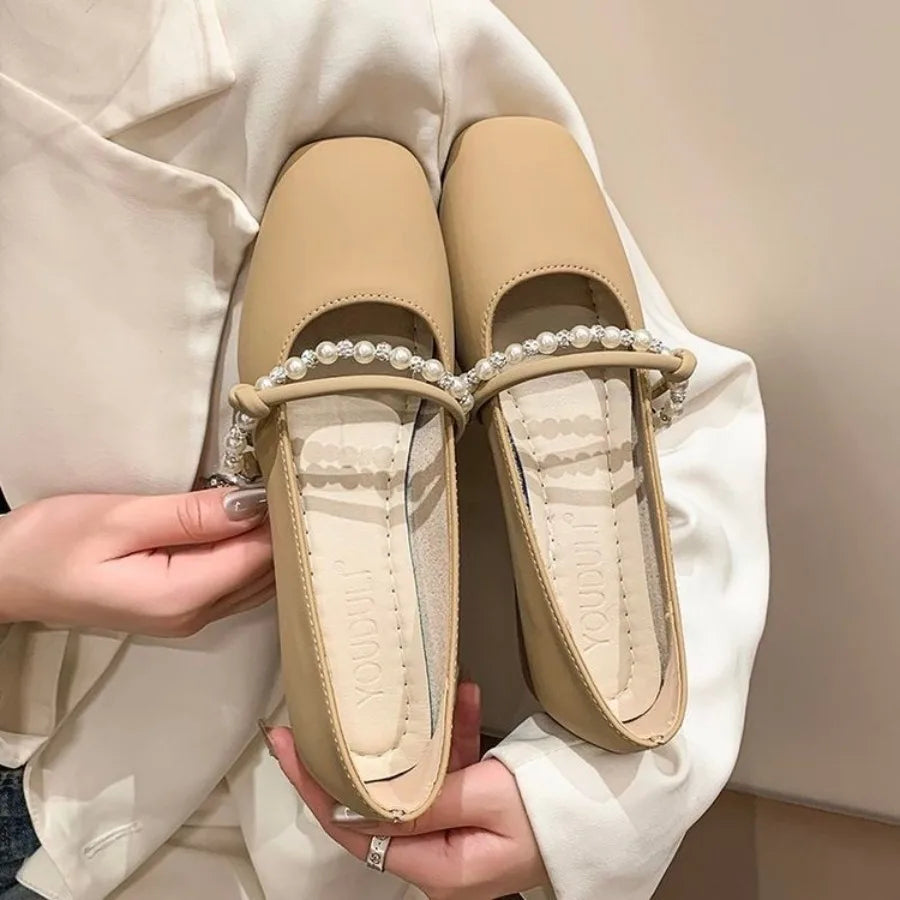 New Elegant French Flat Shoes Pearl Shallow Mouth Soft Leather Ladies Flats Comfortable Anti Slip Low Heel Women's Casual Shoes