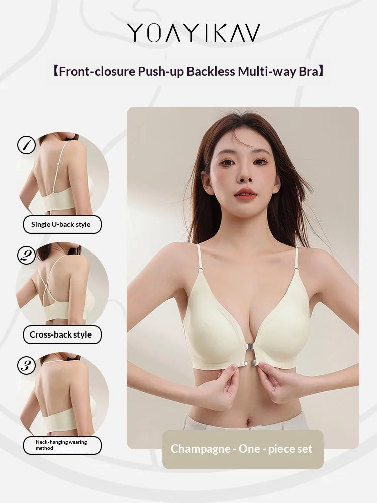 KUCLUT  Women's Front Button Cross Hanging Neck Beautiful Back Invisible Seamless Bra Gathering Without Steel Ring Underwear