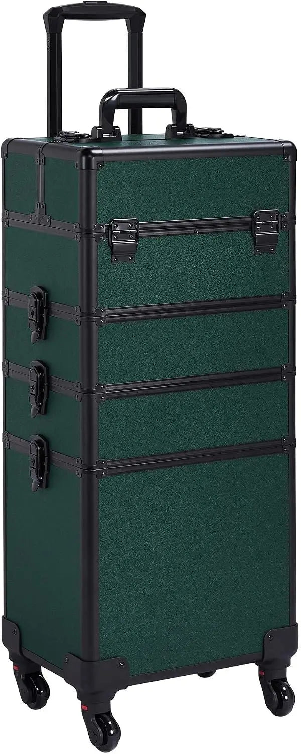 4 In 1 Rolling Makeup Train Case, Lockable Green Cosmetology Cart Aluminum Framed Cosmetic Trolley On Swivel Wheels With Stackable Accordion Trays For Nail Makeup Supplies Storage, Green