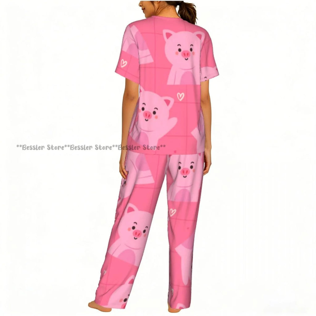 Women Pajama Sets Lounge Sleepwear Cartoon Pig Pink Background Short Sleeve Nightwear