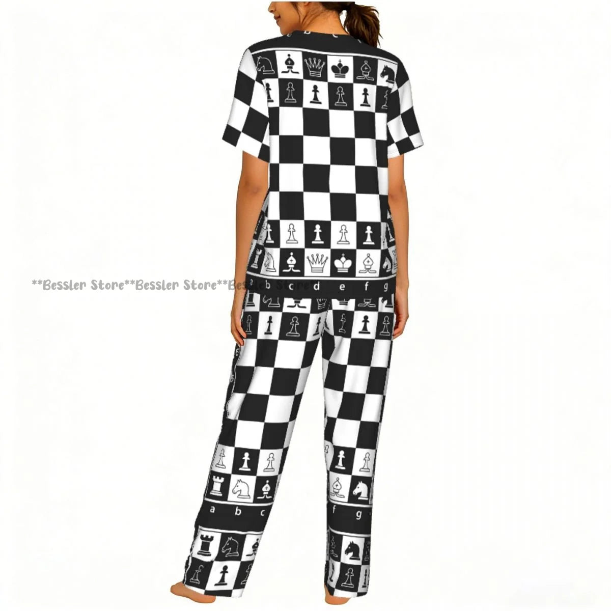 Women's Pajamas Set Black And White Chess Board Short Sleeve Sleepwear 2 Piece Homewear Loungewear