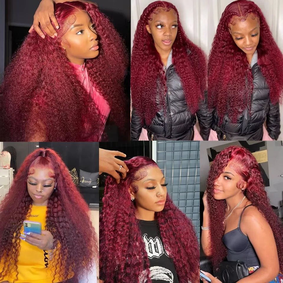 200 Density Burgundy Deep Wave Human Hair Wig 99J Colored 13x4 13x6 HD Water Curly Wave Full Lace Frontal Wigs For Women 46 Inch