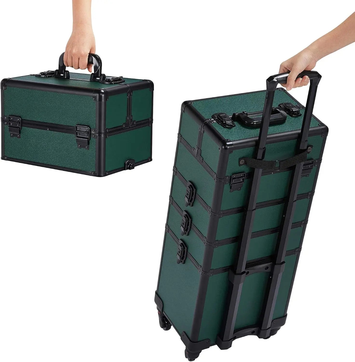 4 In 1 Rolling Makeup Train Case, Lockable Green Cosmetology Cart Aluminum Framed Cosmetic Trolley On Swivel Wheels With Stackable Accordion Trays For Nail Makeup Supplies Storage, Green