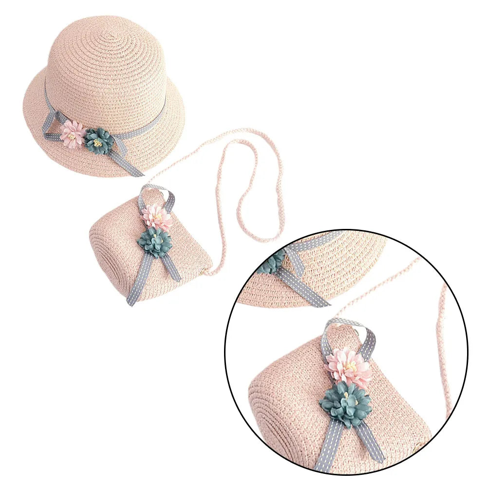 1 set 1 Wide Brim Sun Hat With Crossbody Bag Pink Beach Set For Girls Kids Cap Beach Straw Kids Straw Cap Bag Set