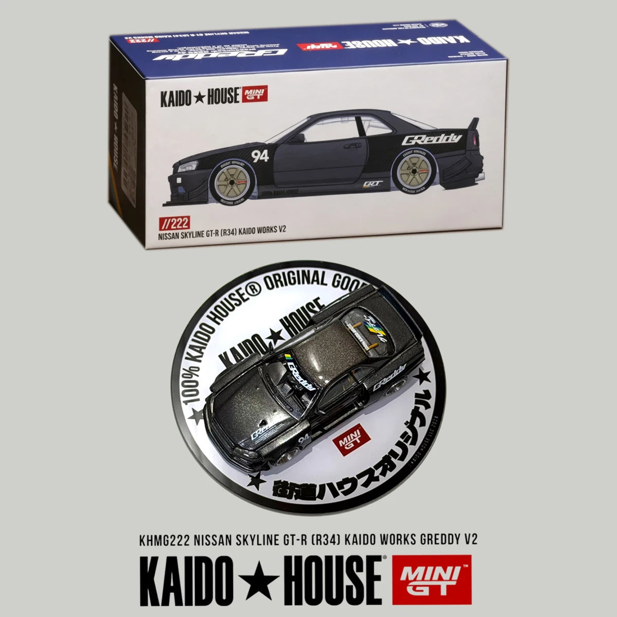 Mini GT x Kaido House 1:64 Nissan Skyline GT-R R34 Kaido Works Greddy V2 Full Carbon Diecast Model Car Item#KHMG222 In Stock