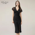 Women Sexy Lace Silk Nightdress 19 Momme Mulberry Silk Slit Design With Chest Pad Sleepwear Outdoor Dress