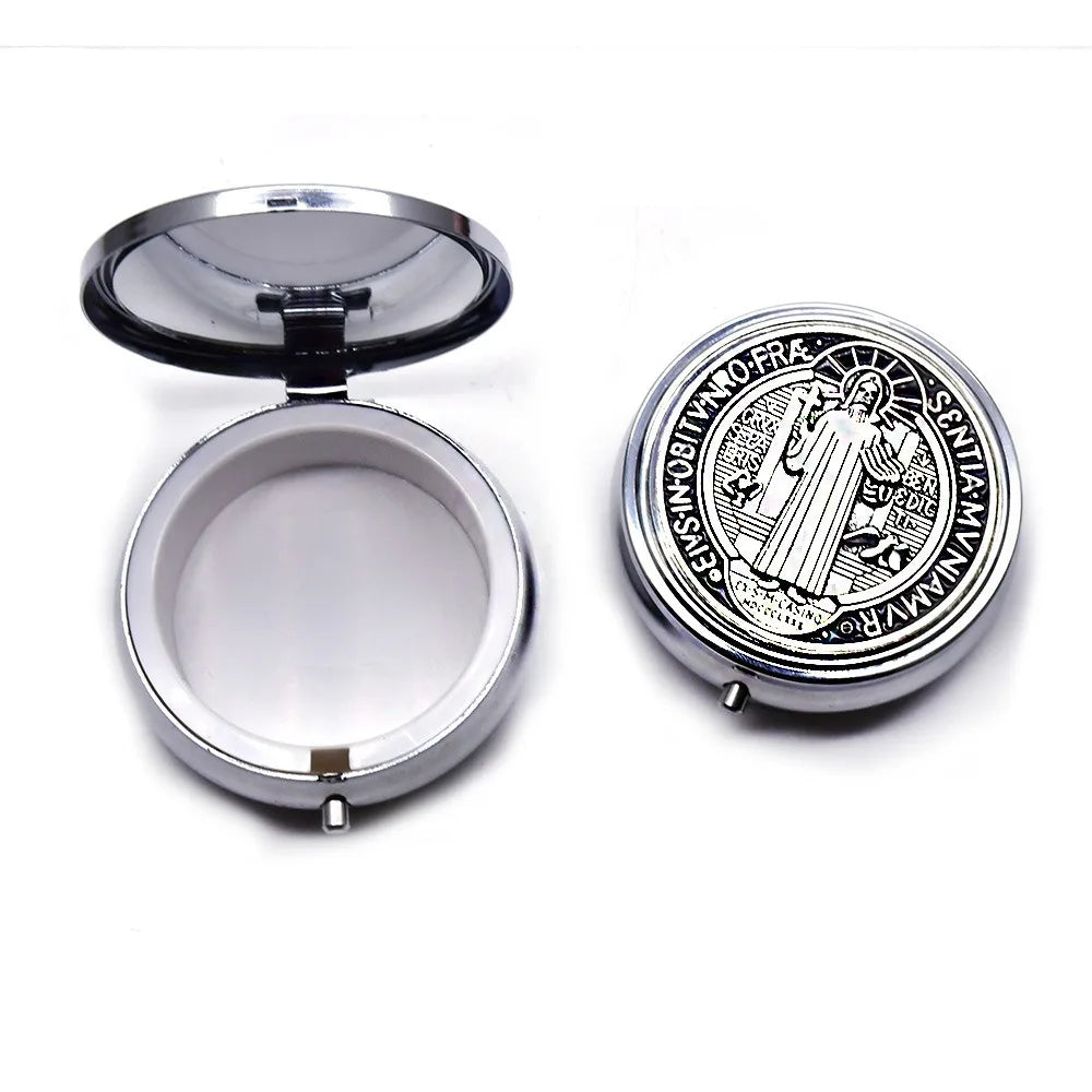 Retro Religious Jewelry Box Round Zinc Alloy Saint Benedict Jewelry Box Elegant Jewelry Storage Box Travel Storage