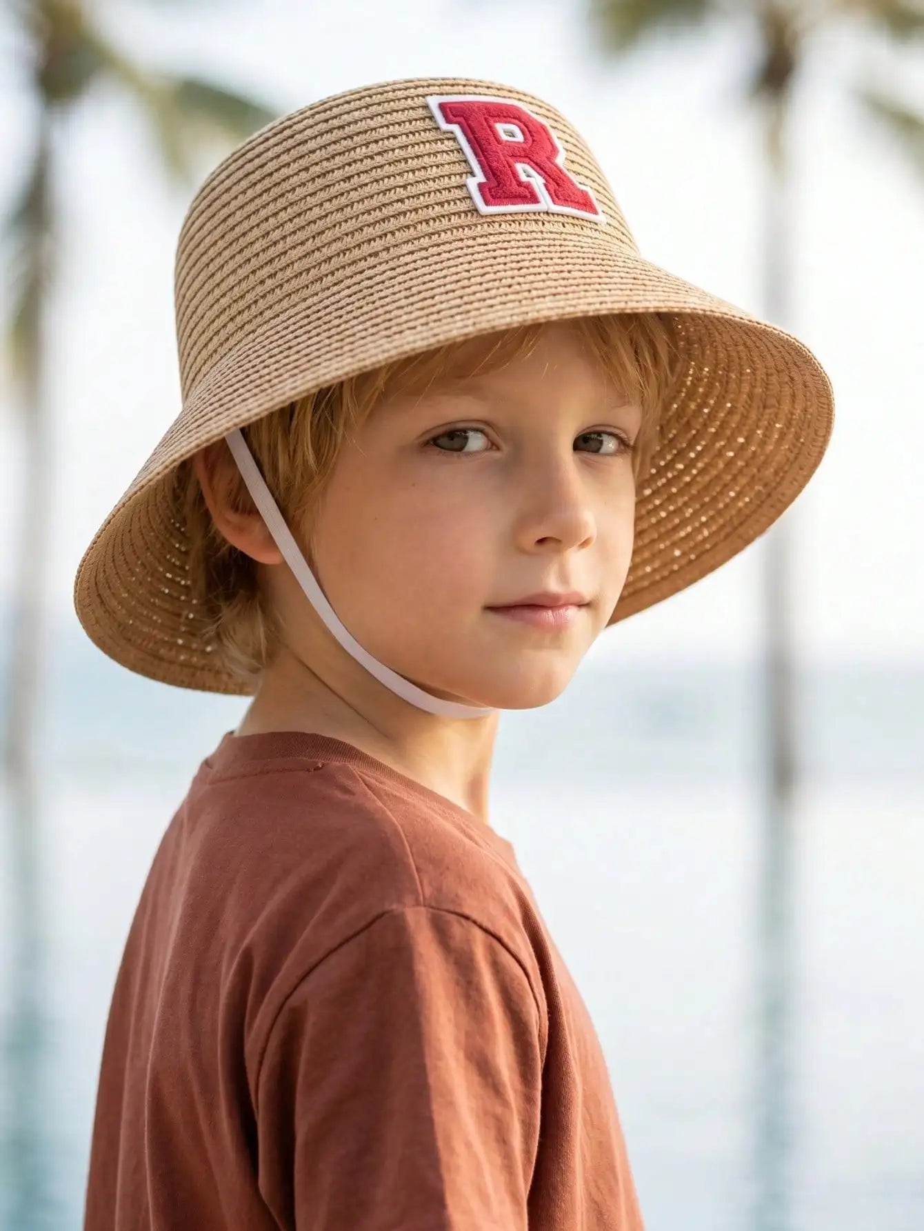 1Pc 3-8Y Boys Coffee Bow Straw Hat Woven Sun Hat Breathable Outdoor Beach Summer Shade Cap for Kids Daily Play Travel