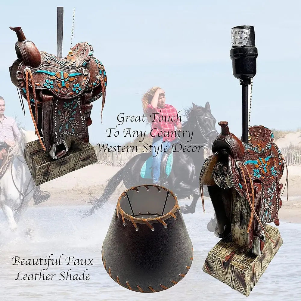 Western Brown and Teal Longhorn Cowboy-Style Home Decor Table Lamp for Living Room, Nightstands, and Bedrooms