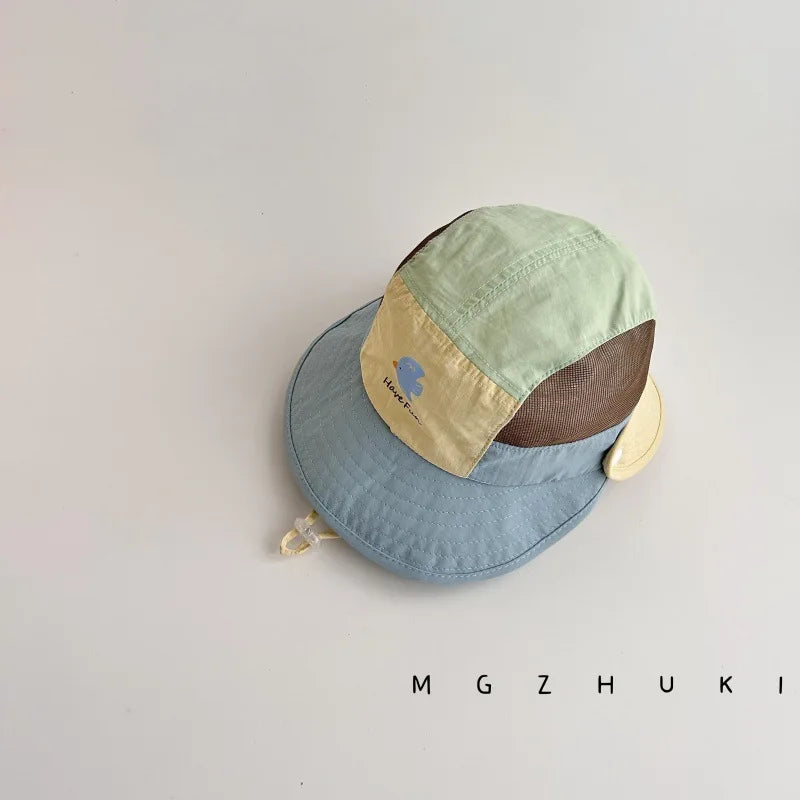 Summer Kids Thin Bucket Hat Quick-Dry UV Protection Sun Hat 1-5Y Boys Girls Cartoon Macaron Color Block Double Brim Outd