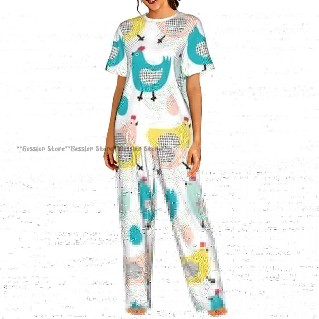Women's 2-piece set Cartoon Chicken Pattern Pajamas Short sleeved Top and Pants Sleepwear