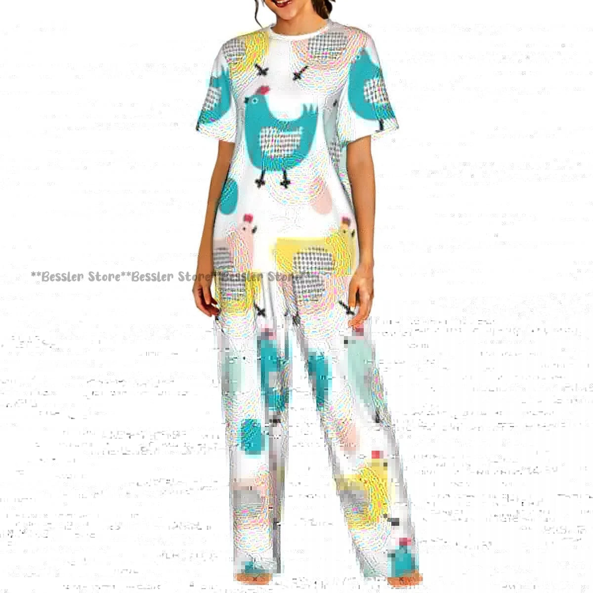 Women's 2-piece set Cartoon Chicken Pattern Pajamas Short sleeved Top and Pants Sleepwear