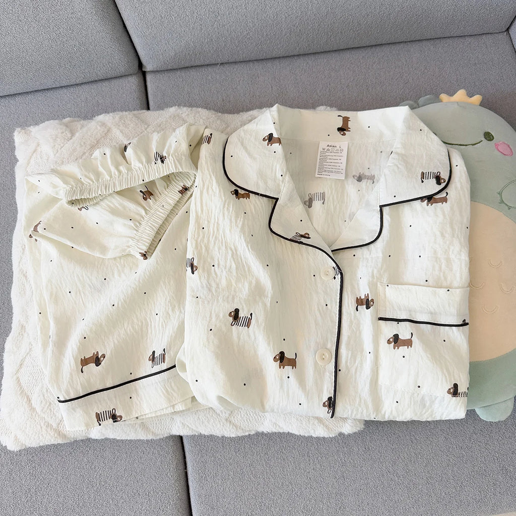 Women's Summer Pajamas, Thin Polka Dot Puppy Short-Sleeved Shorts, Sweet and Cute, Can Be Worn Outside in Summer, Home Clothes Set, Two-Piece Set