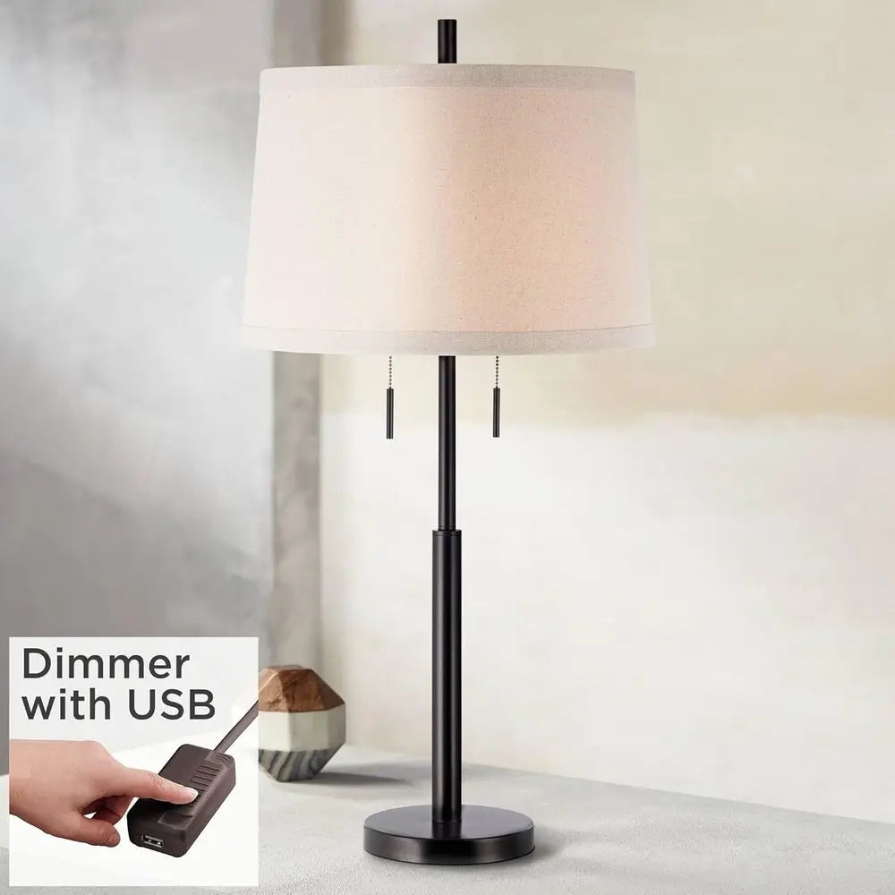 Euro Design 3-Way Skinny Table Lamp 33 Tall with Dimmer, USB Port, Matte Bronze Metal, White Burlap Drum Shade for Bedroom, Livi