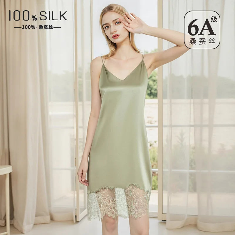 Sexy Ice Silk Slip Dress Women Lace Hollow Out Back Nightgown Sleeveless Mini Sleepwear Smooth Casual Lingerie Homewear