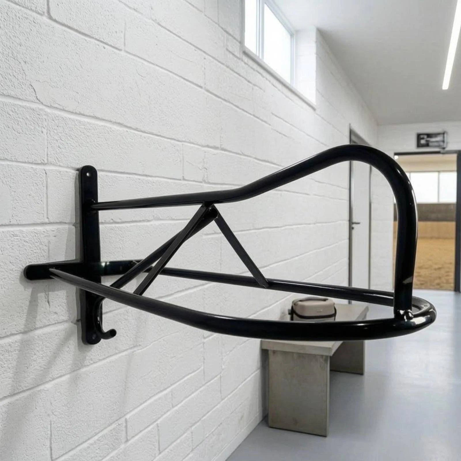 Wall-Mounted Saddle Rack Curved Support Black Metal Saddle Rack Space Saving Organizes Tack Room