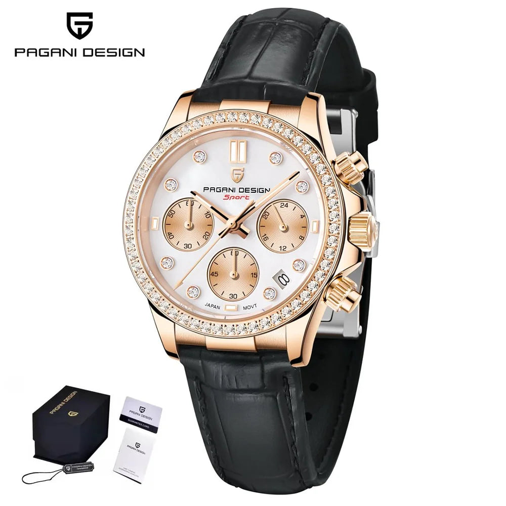 PAGANI DESIGN Women's Chronograph Quartz Watch Rose Gold Luxury Sapphire Stainless Steel Sport Elegant Women's Watch+Gift Box