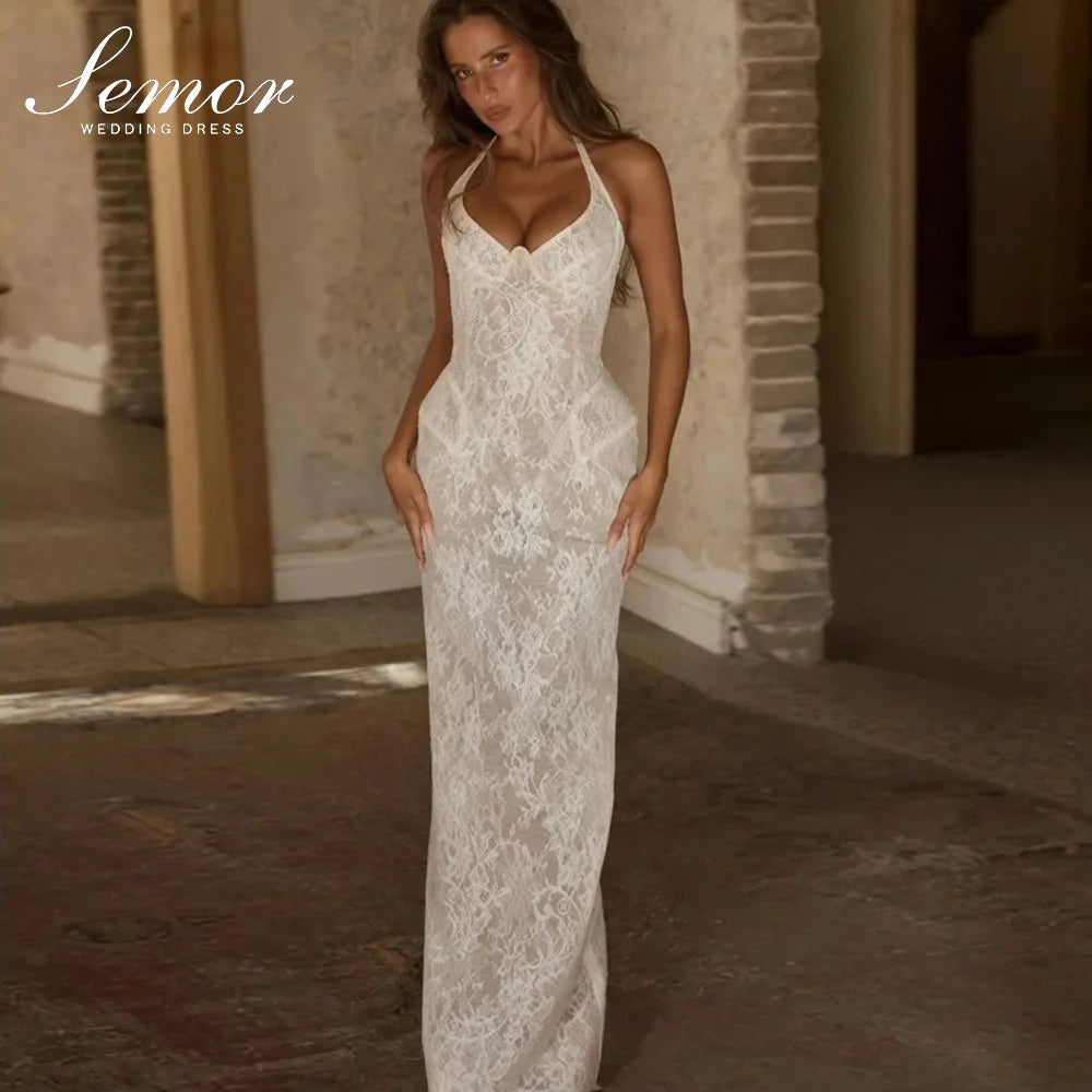 Semor 2026 New Sexy Halter V-Neck Sleeveless Wedding Dress Customized Exquisite Lace Sheath Second Bridal Gown Vestido De Noiva