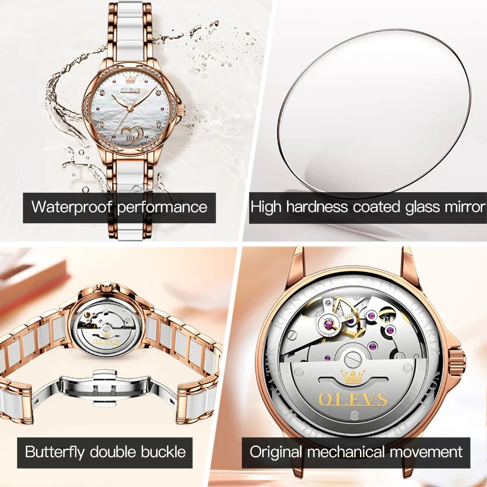 OLEVS Elegant Fashion Women's Watches Ceramic Strap Original Brand Automatic Mechanical Wristwatch for Lady Waterproof Date Love