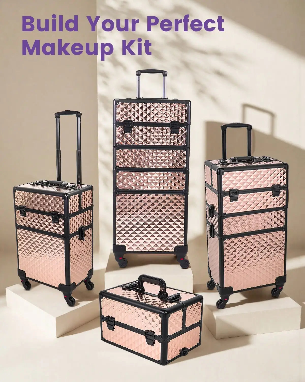 Rolling Makeup Train Case 4 in 1 Cosmetology Case on Wheels, Large Storage Cosmetic Trolley with Key Lock, Professional Makeup Travel Organizer for Salon Barber Nail Tech, Black