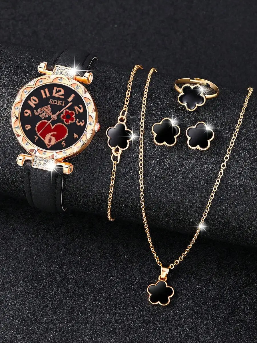 Mother's Day Ladies Watch 6pcs Ladies Fashionable Casual Quartz Watch And Minimalist & Fashionable Five Petals Flower Necklace