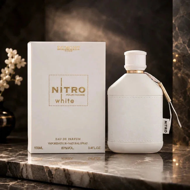 Dumont Nitro White Pour Homme EDP Perfume for Men 100ml 3.4oz, Juniper Iris Leather Honey Woody Fragrance Spray, Matte White Bottle Luxury Gift Box for Office Dating Daily Wear
