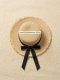 1Pc 3-8Y Girls Coffee Broken Brim Straw Hat Flat Top With Black Ribbon Lightweight Breathable Summer Sun Hat