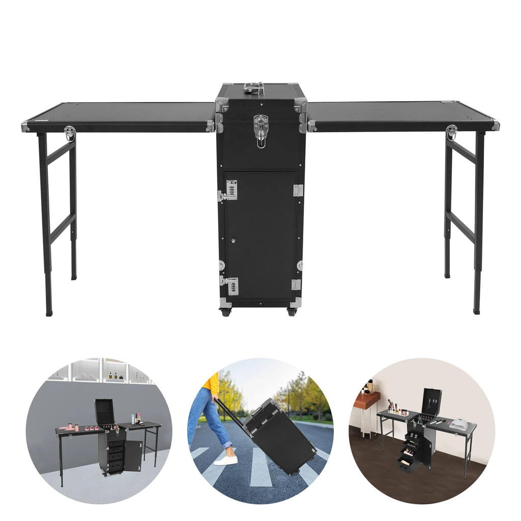 Portable Nail Table Desk Rolling Makeup Cosmetic Case 100kg Load Aluminum Alloy 4 Wheels with Brakes Foldable Side Tables 2 Keys 2 Codes Lockable Organizer for Nail Technician Makeup Artist Salon Home Travel