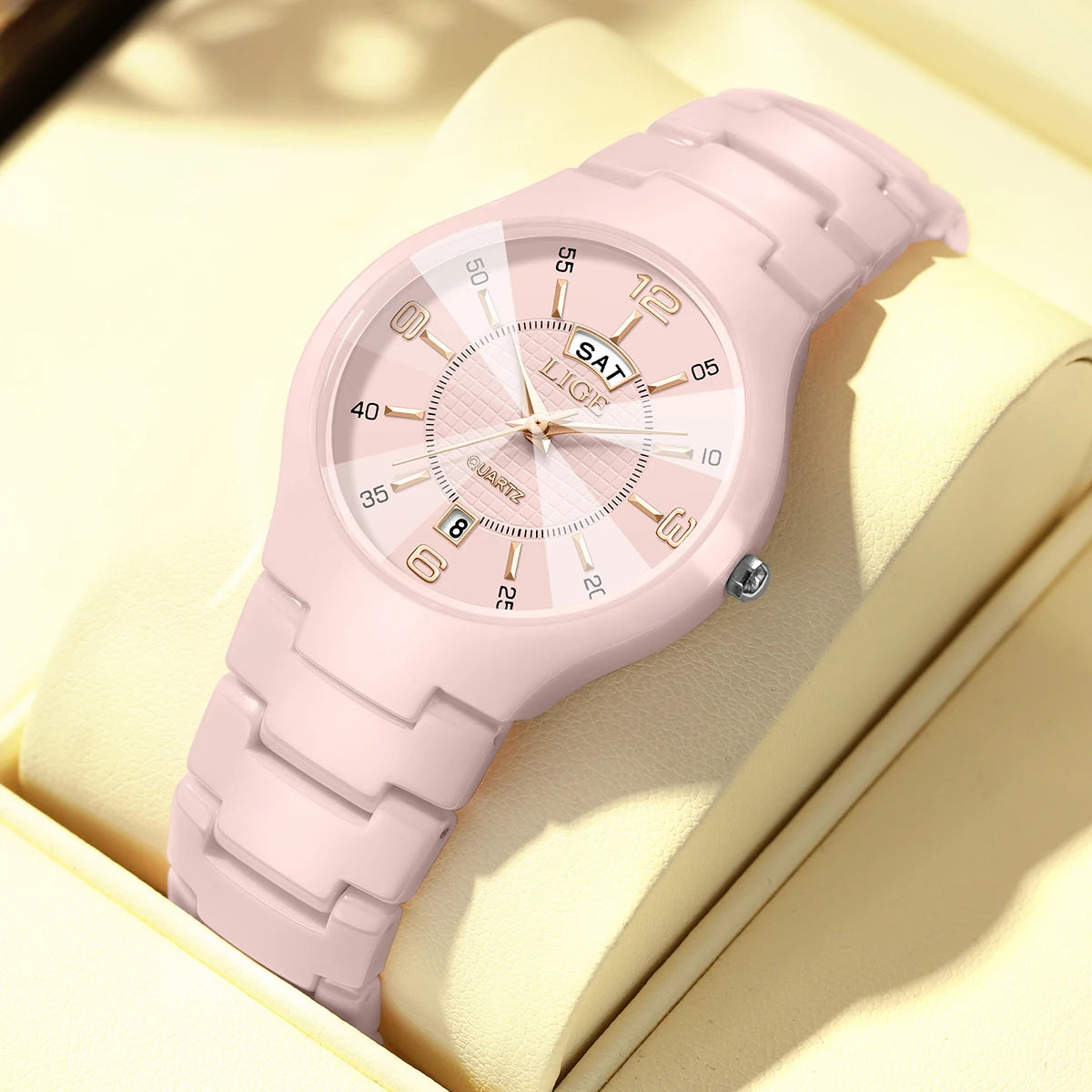 LIGE Fashion Elegant Women's Wristwatch Luxury Ceramics Strap Auto Date Week Waterproof Small Dial Quartz Watches for Woman Gift